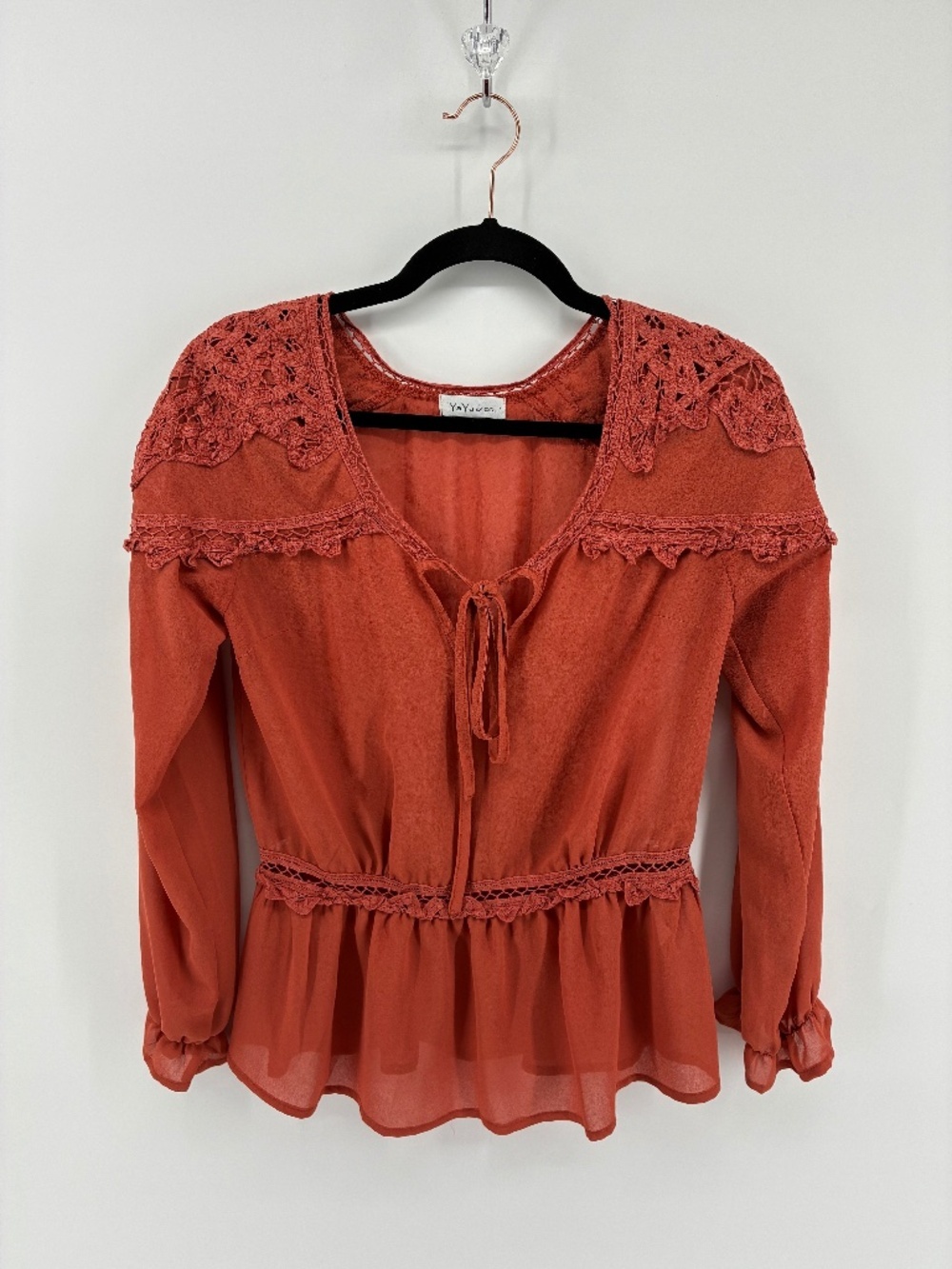 Rusty Brownish Ruffled Peplum Blouse with Bishop Sleeves